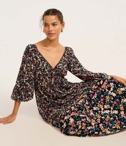 Vestido Long Midi Viscose com Estampa Floral e Amarração no Busto