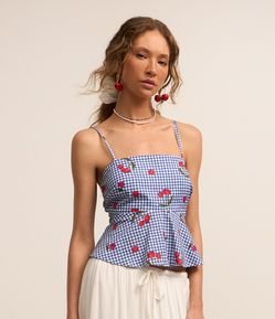 Blusa com Alça Fina em Tricoline com Estampa Xadrez e Cerejas