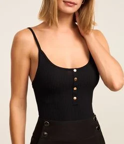 Body de Alça em Tricô Canelado com Botões Metalizados