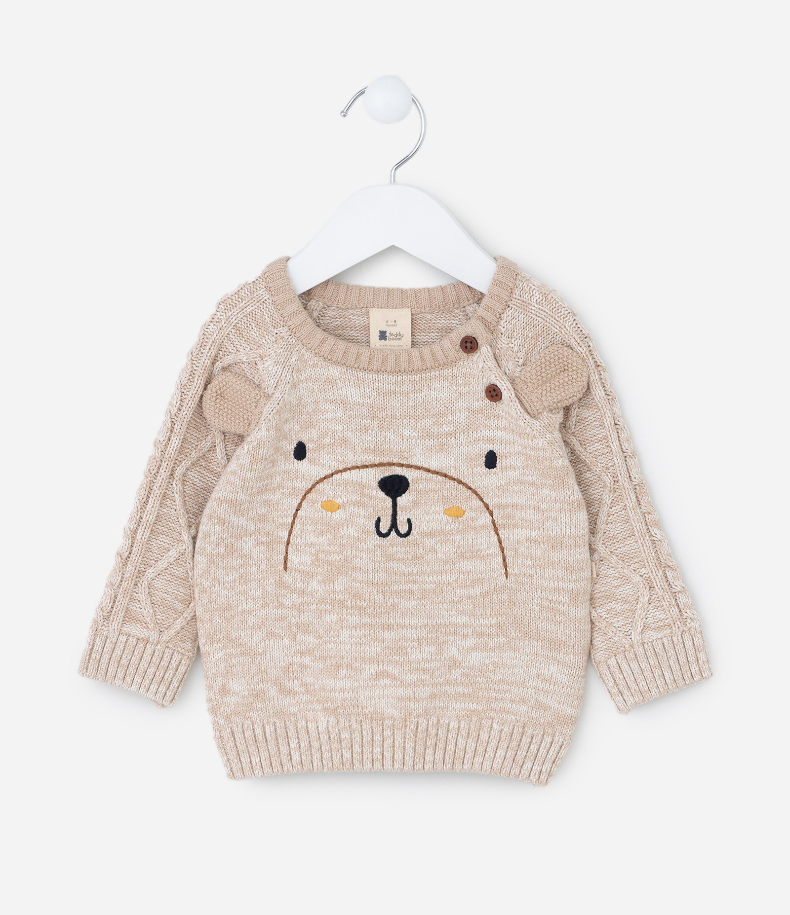 Casaco Infantil em Efeito Tricô Pesado com Bordado de Urso – Tam 0 a 18 Meses Bege Mesclado 1