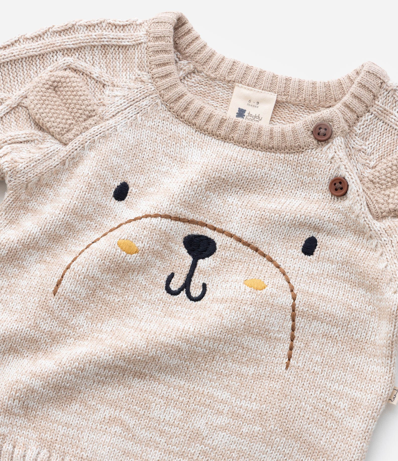 Casaco Infantil em Efeito Tricô Pesado com Bordado de Urso – Tam 0 a 18 Meses Bege Mesclado 7