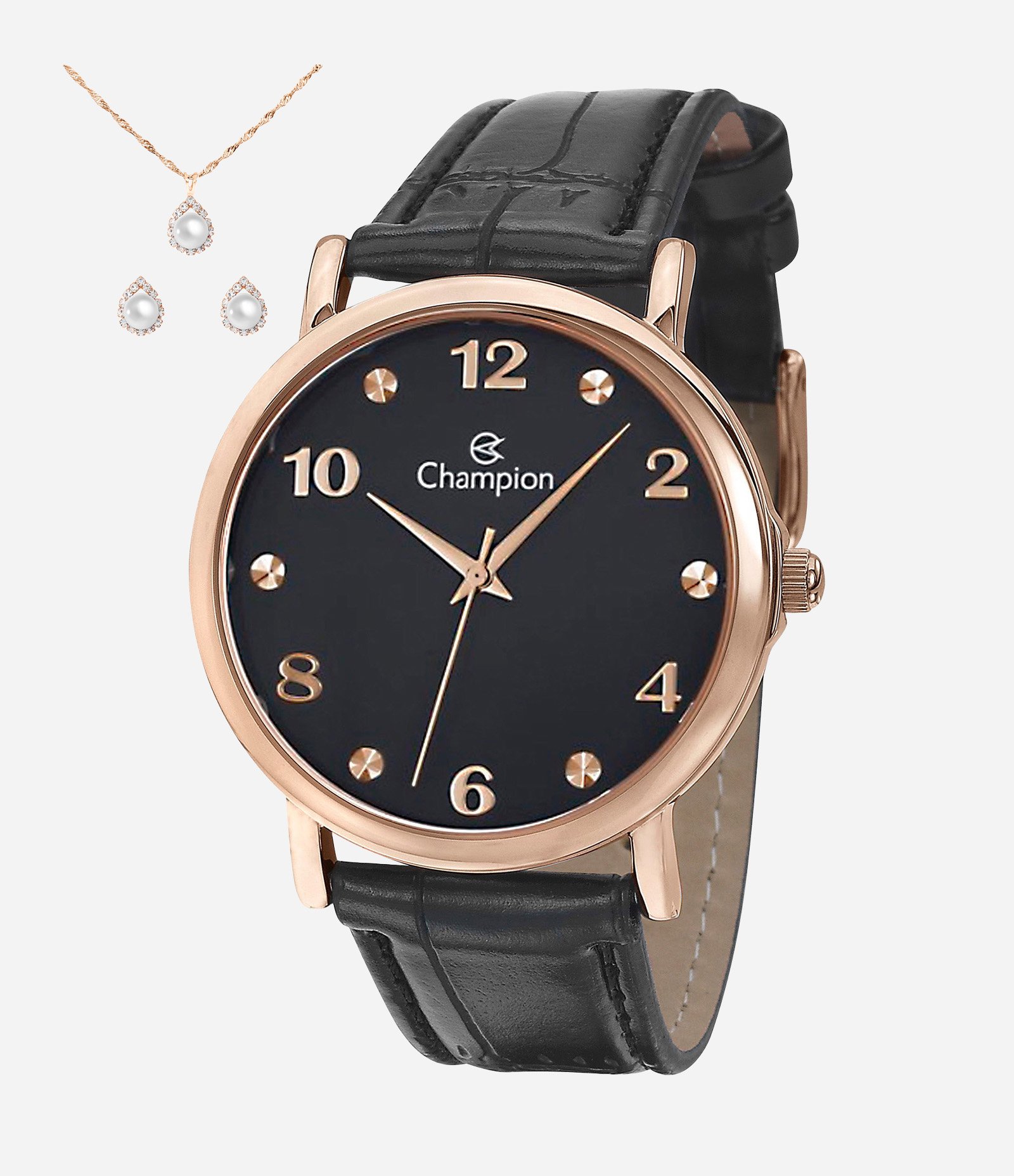 Kit Relógio Feminino Champion Analógico com Pulseira em Couro  Preto 3