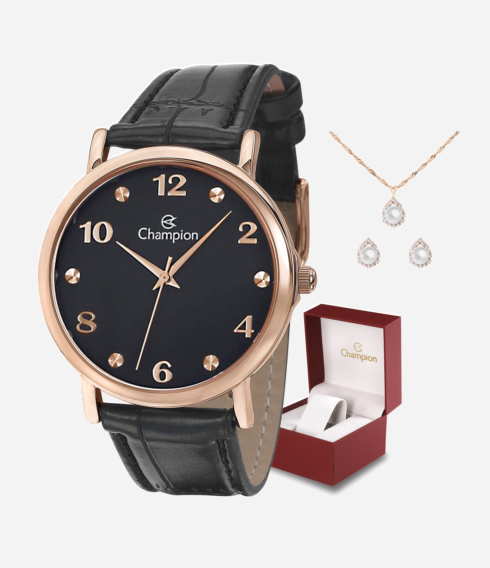 Kit Relógio Feminino Champion Analógico com Pulseira em Couro  Preto 6