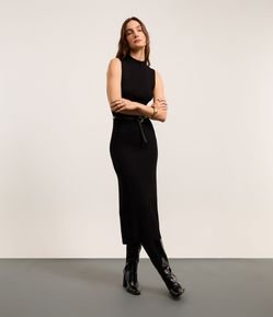 Vestido Reto Long Midi em Tricô Canelado com Gola Alta