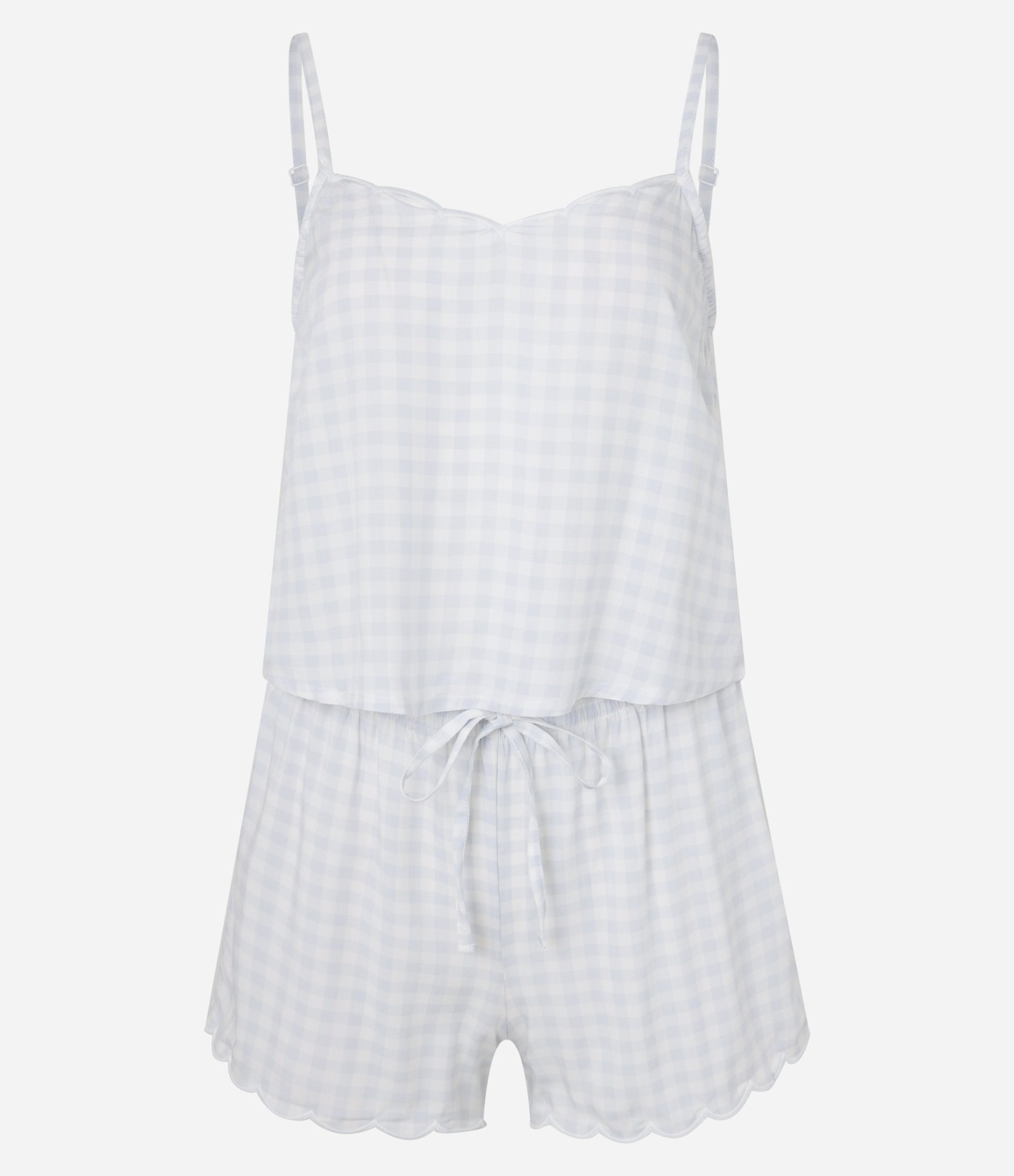 Pijama Short Doll em Chalis com Estampa Xadrez e Borda Nuvem Branco/Azul 5