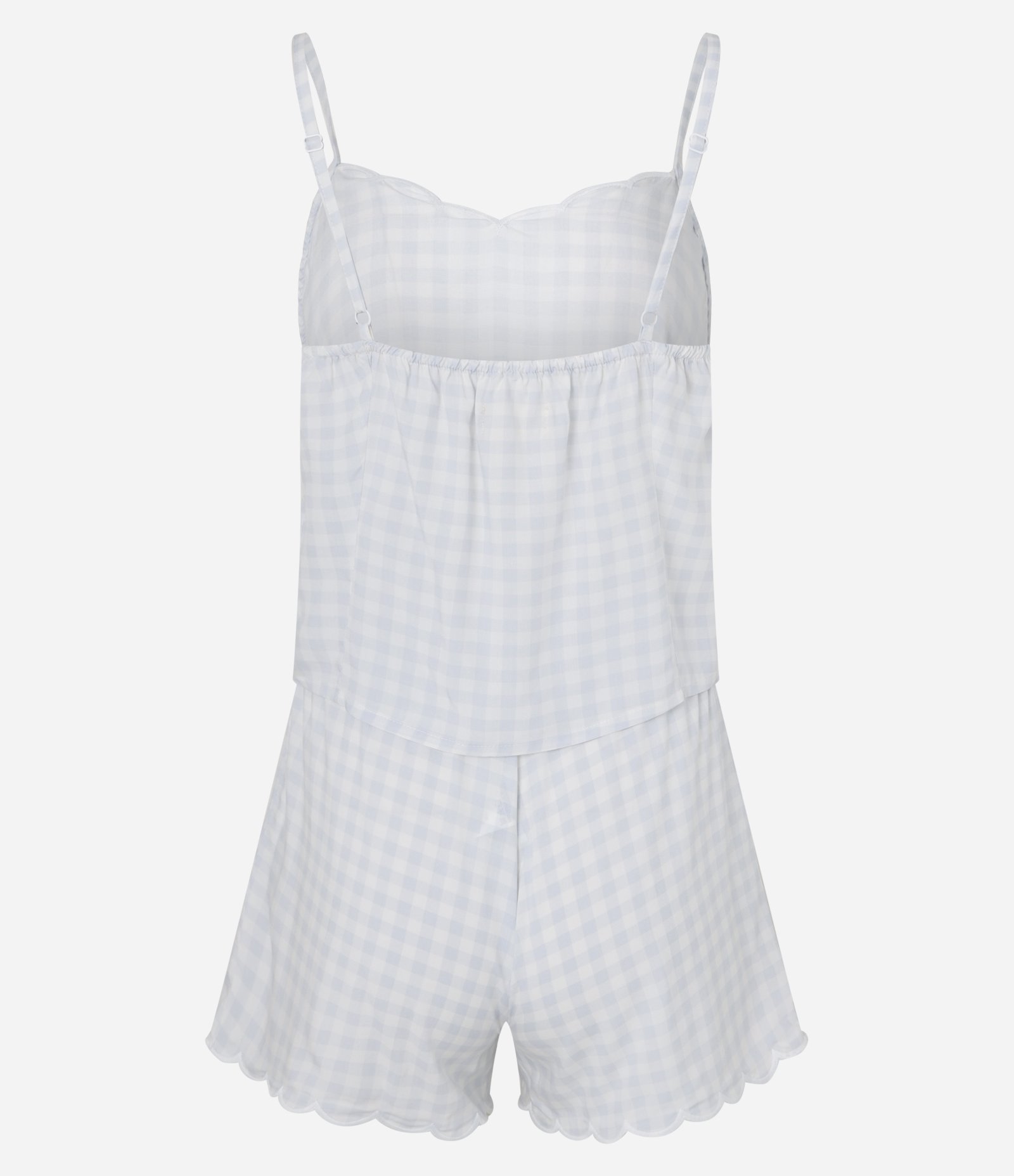 Pijama Short Doll em Chalis com Estampa Xadrez e Borda Nuvem Branco/Azul 6
