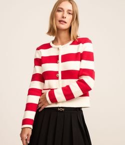 Cardigan em Tricô Listrado com Botões e Bolsinhos