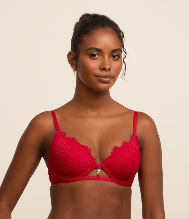 Sutiã Meia Taça Bojo Oco em Renda Floral com Detalhe Metálico