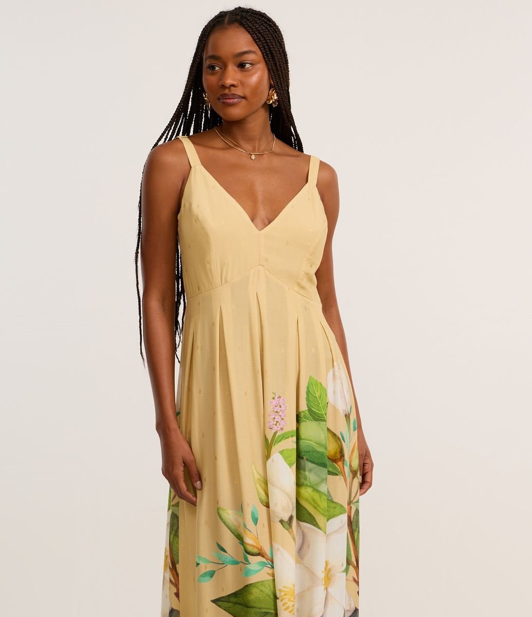 Vestido New Midi em Viscose com Lastex e Estampa Floral Bege