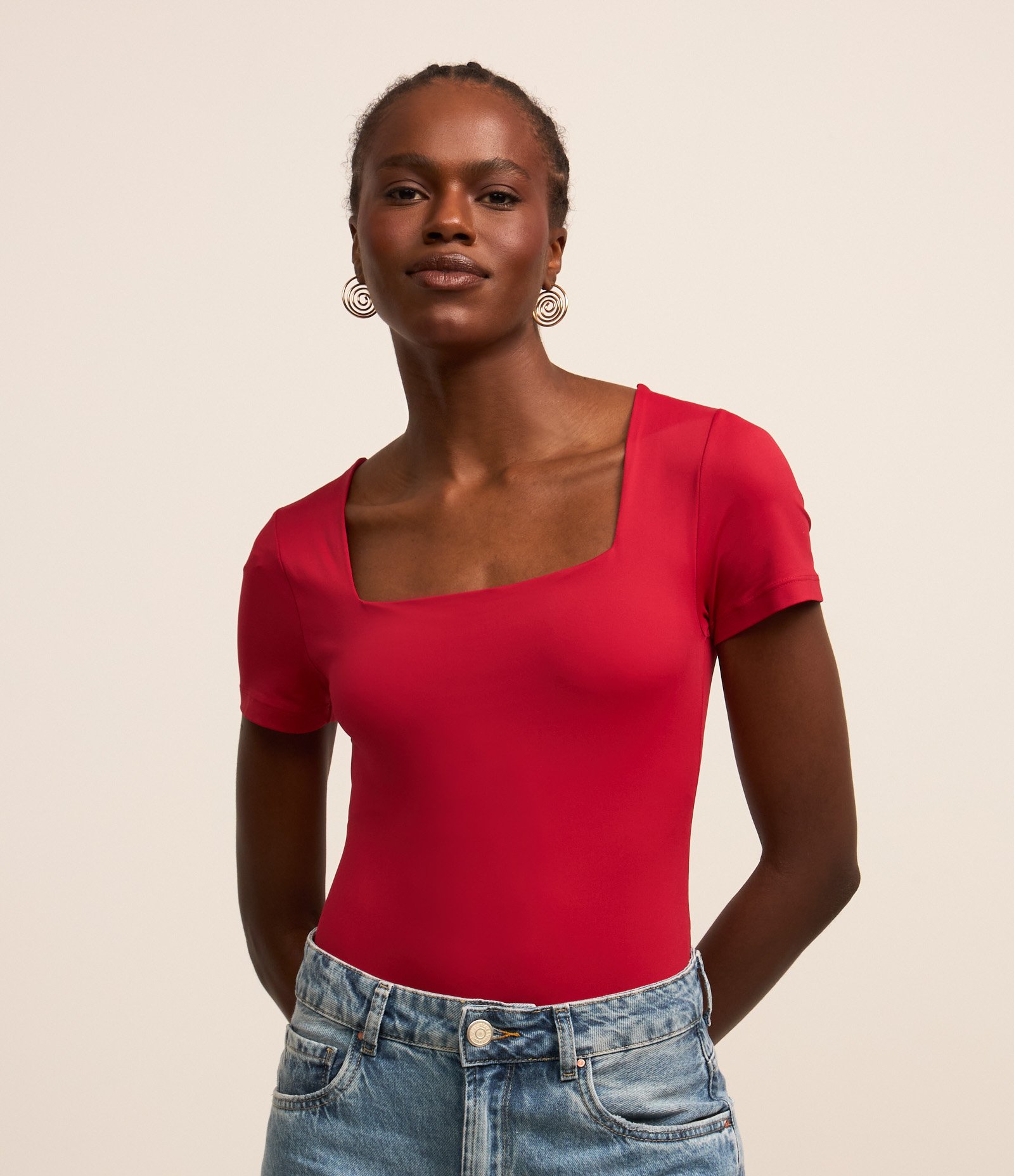 Body em Microfibra com Decote Quadrado Vermelho 1