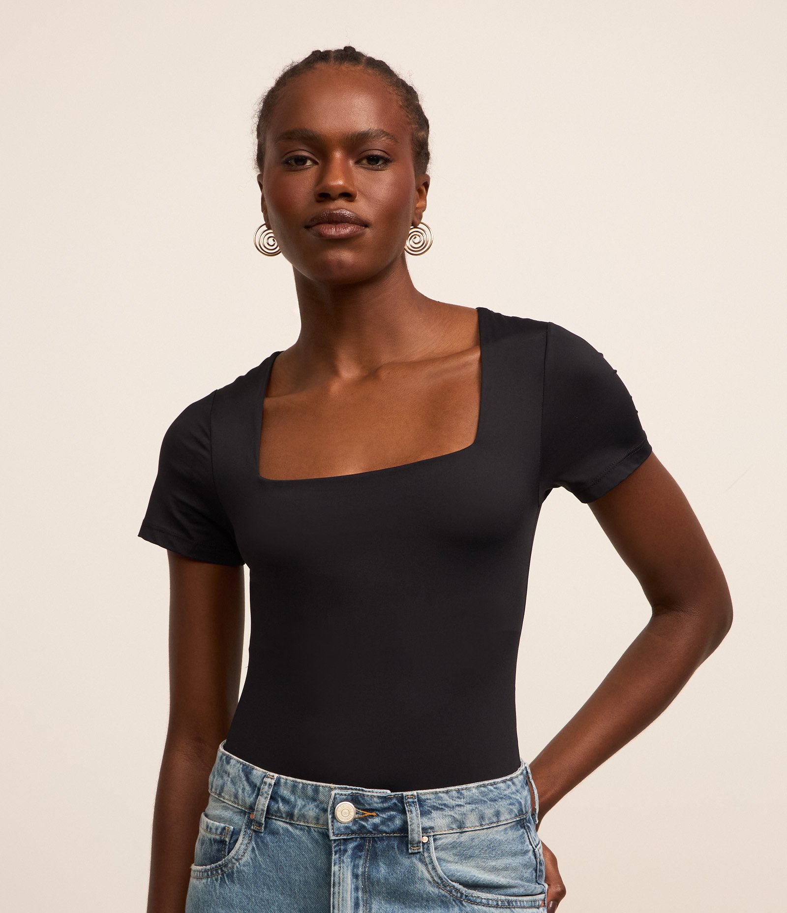 Body em Microfibra com Decote Quadrado Preto 1