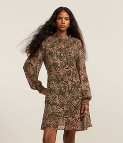 Vestido Curto em Crepe Georgette e Estampa de Tulipas