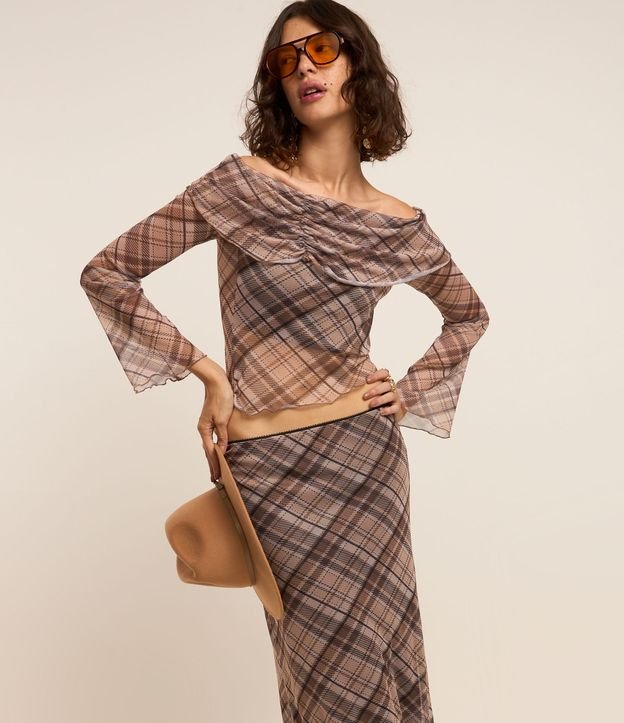 Saia Midi em Tule Xadrez com Frufru na Barra