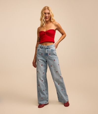 Calça Wide Leg em Jeans com Bordado de Cerejinhas Calça Wide Leg em Jeans com Bordado de Cerejinhas