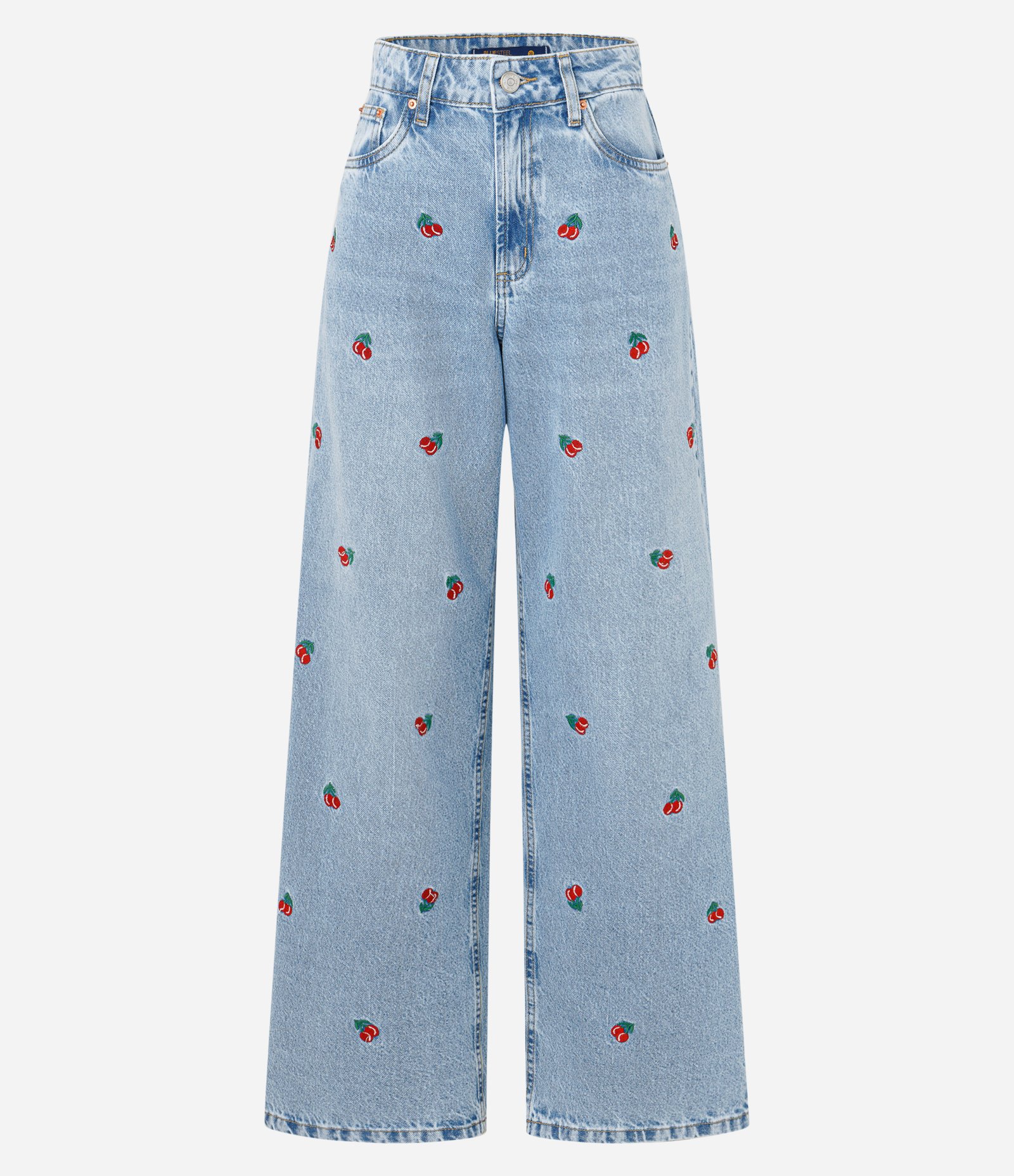 Calça Wide Leg em Jeans com Bordado de Cerejinhas Azul 5
