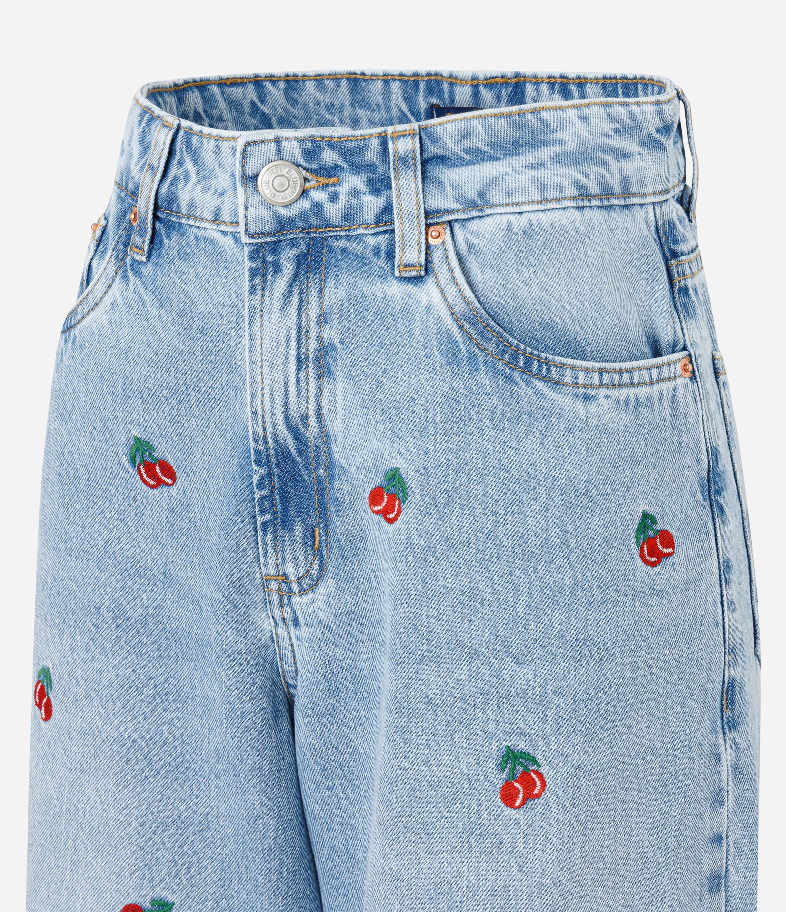 Calça Wide Leg em Jeans com Bordado de Cerejinhas Azul 6