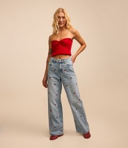 Calça Wide Leg em Jeans com Bordado de Cerejinhas