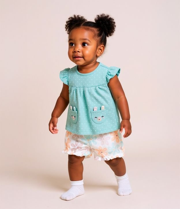 Conjunto Infantil com Bolsos Carinha de Coelho - 0 a 18 meses