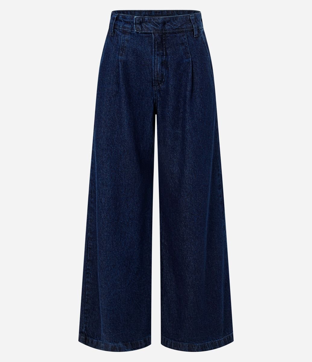 Calça Wide Leg em Jeans com Transpasse no Cós e Pregas Azul - Renner