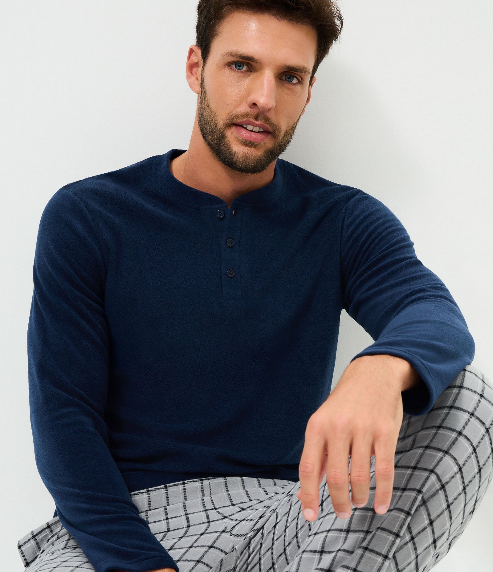 Camisa de Pijama em Plush com Botões Azul 1