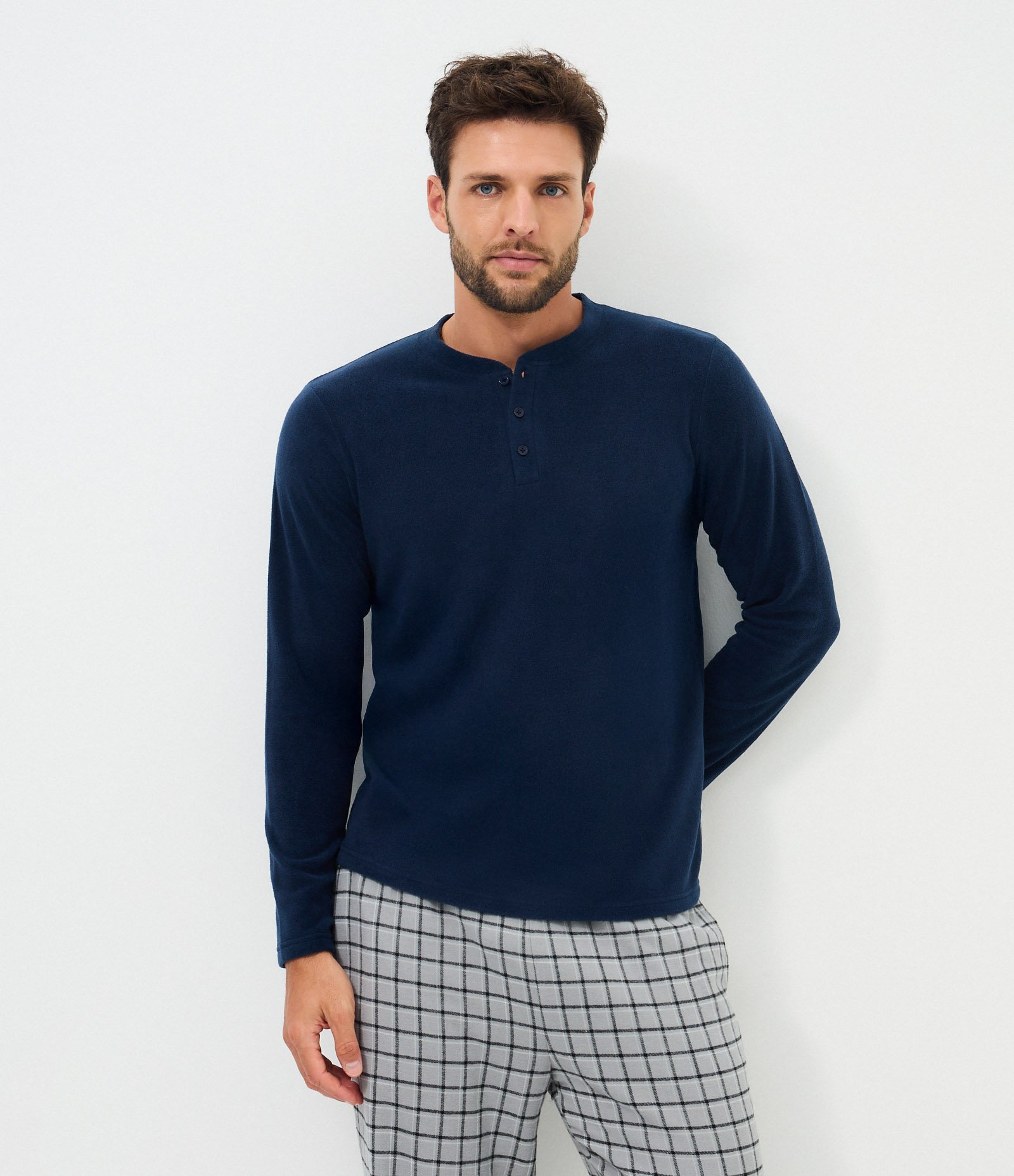 Camisa de Pijama em Plush com Botões Azul 3