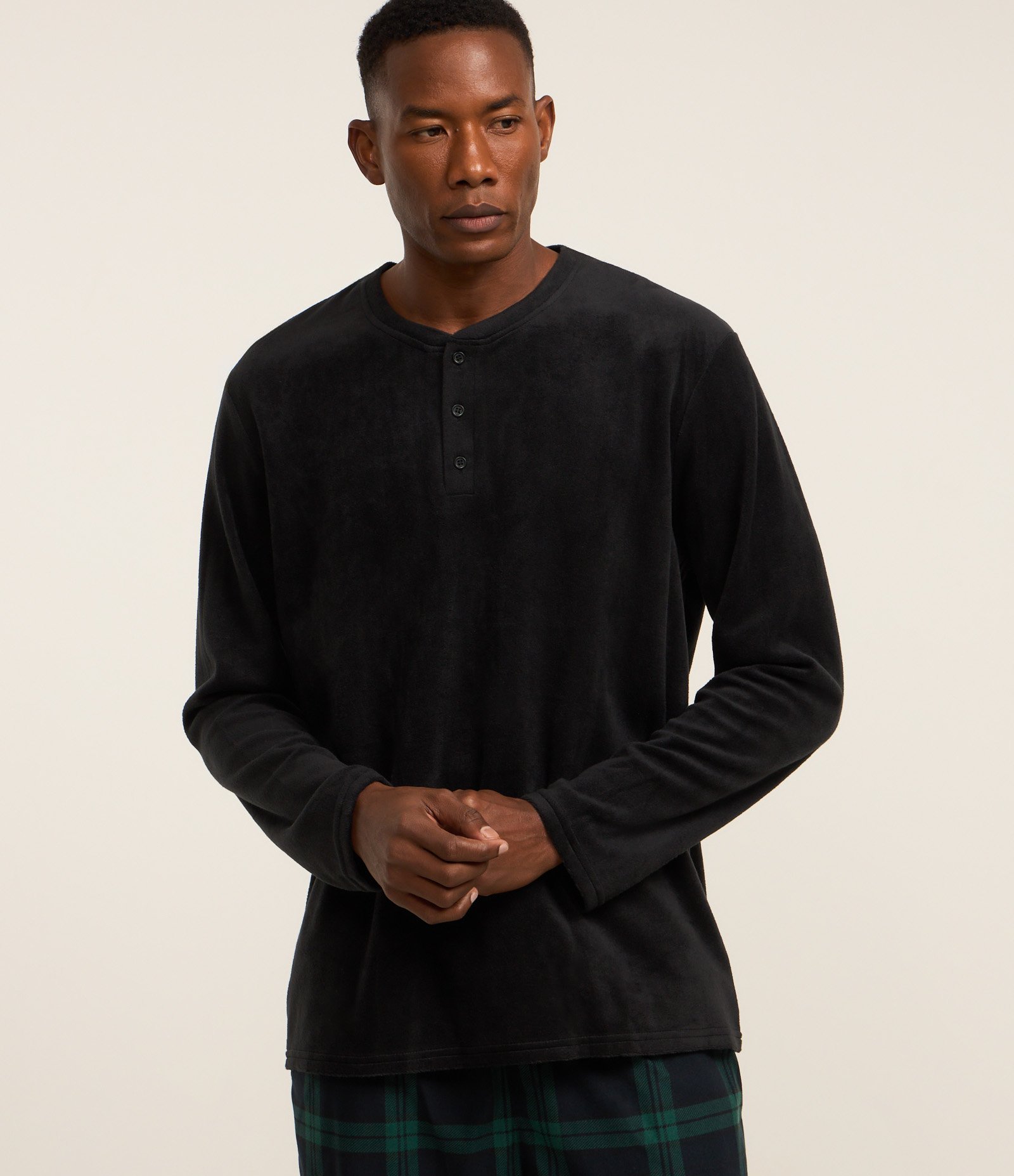 Camisa de Pijama em Plush com Botões Preto 1