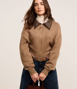 Cardigan em Tricô com Gola de PU