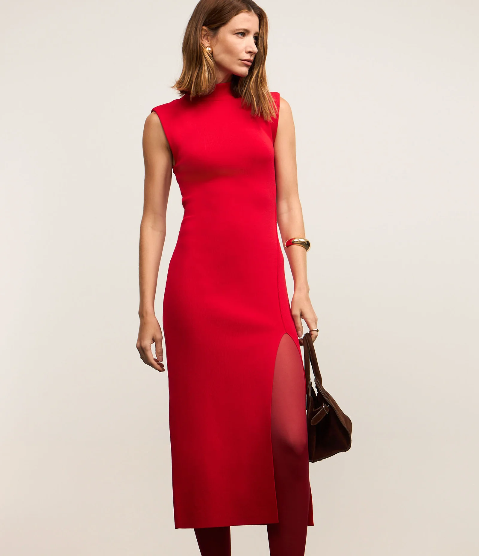 Vestido Long Midi em Tricô com Ombreiras Vermelho 2