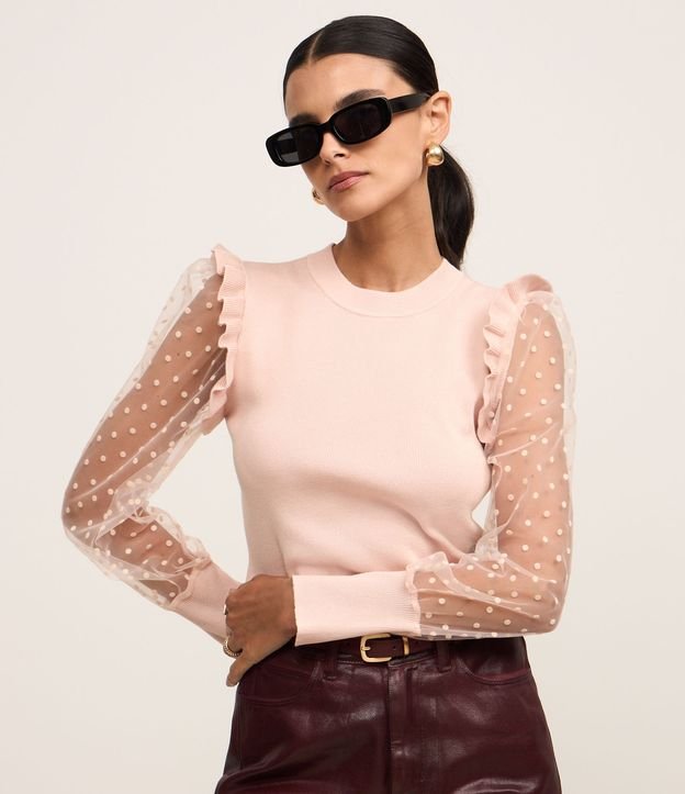 Blusa em Tricô com Poá na Manga Transparente