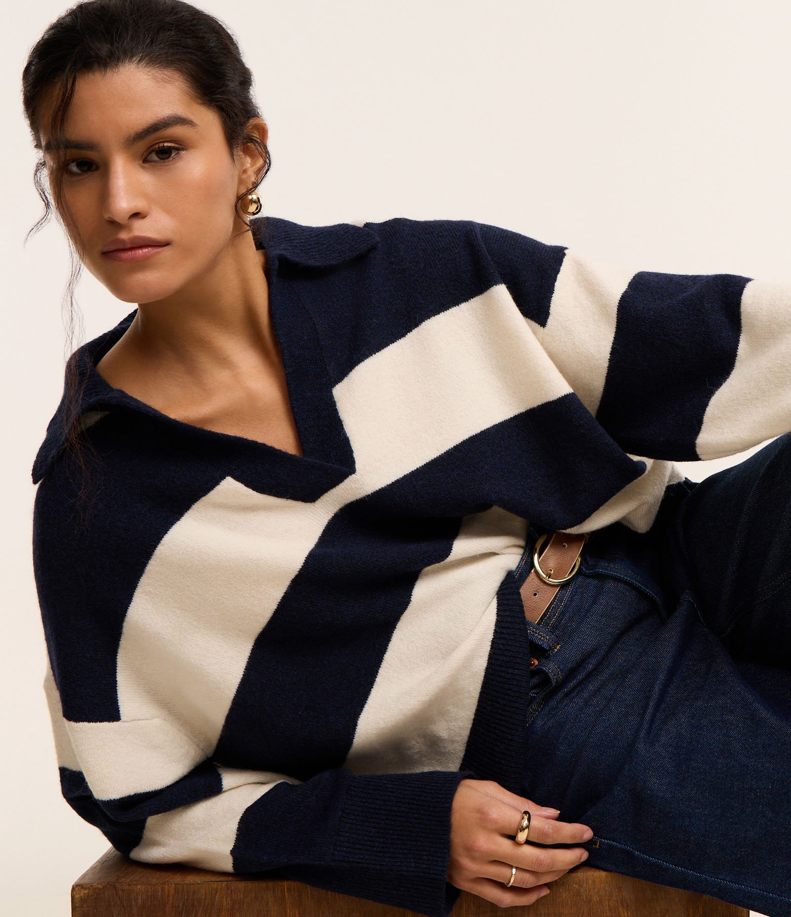 Suéter Listrado em Tricô com Gola Polo e Caimento Pesado Azul Marinho/Branco 7