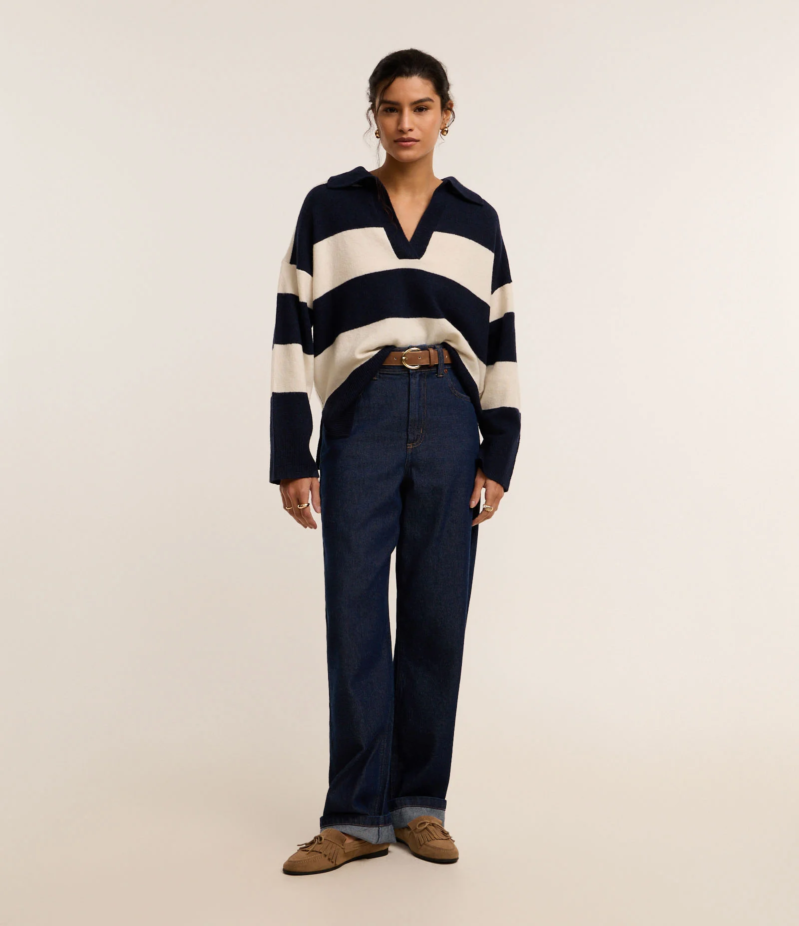 Suéter Listrado em Tricô com Gola Polo e Caimento Pesado Azul Marinho/Branco 2