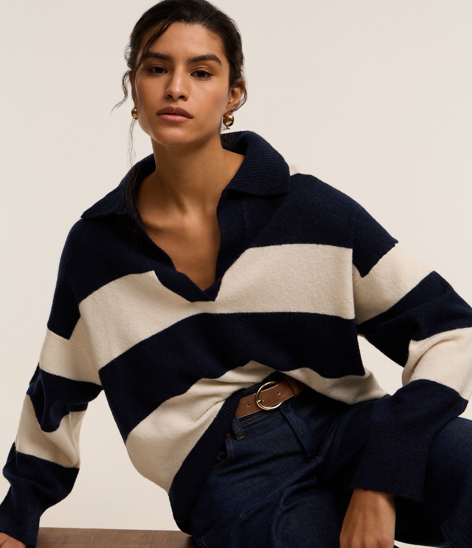 Suéter Listrado em Tricô com Gola Polo e Caimento Pesado Azul Marinho/Branco 6