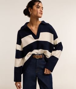 Suéter Listrado em Tricô com Gola Polo e Caimento Pesado