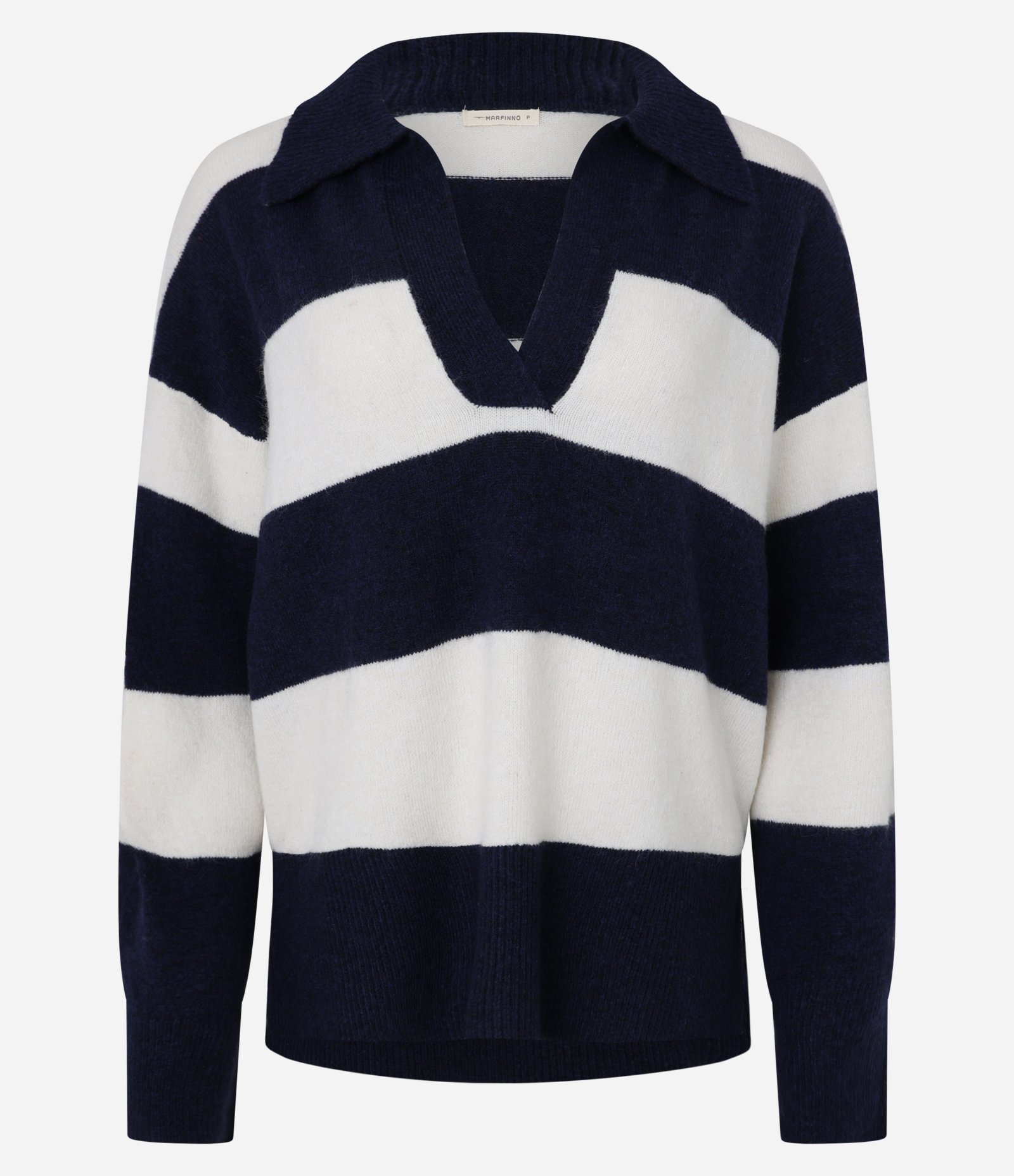 Suéter Listrado em Tricô com Gola Polo e Caimento Pesado Azul Marinho/Branc