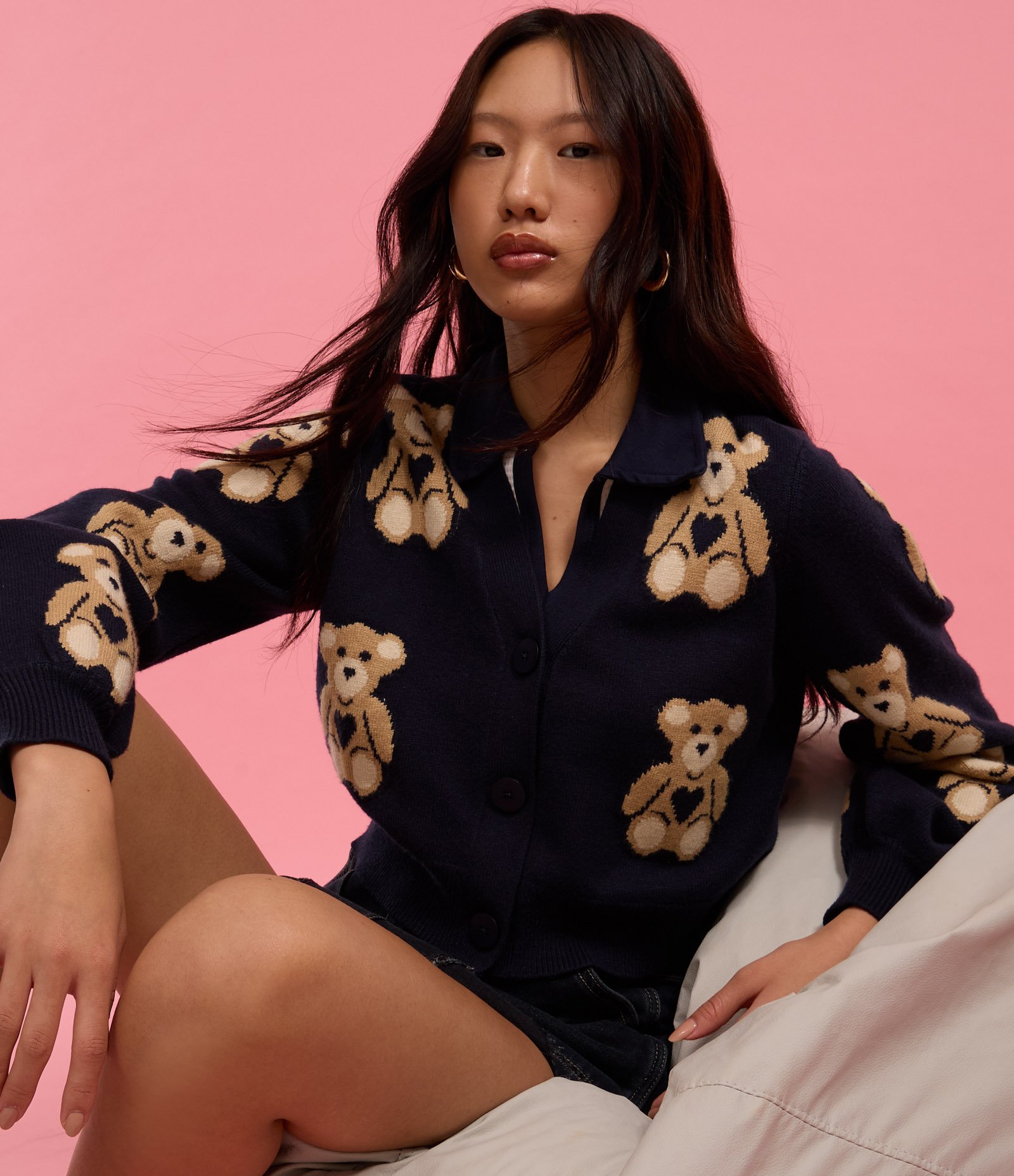 Cardigan Curto em Jacquard com Botões e Ursinhos em Repetição Azul Escuro 4