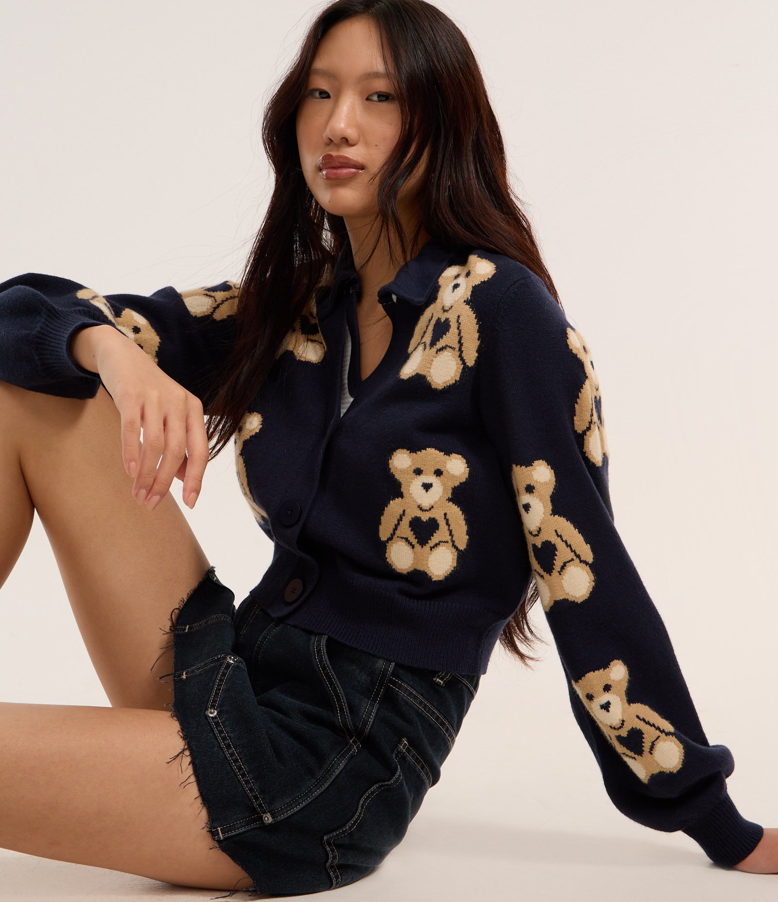 Cardigan Curto em Jacquard com Botões e Ursinhos em Repetição Azul Escuro 1