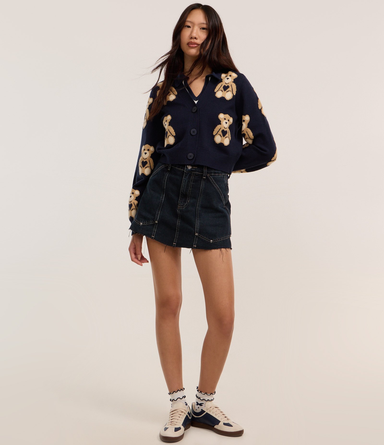Cardigan Curto em Jacquard com Botões e Ursinhos em Repetição Azul Escuro 2