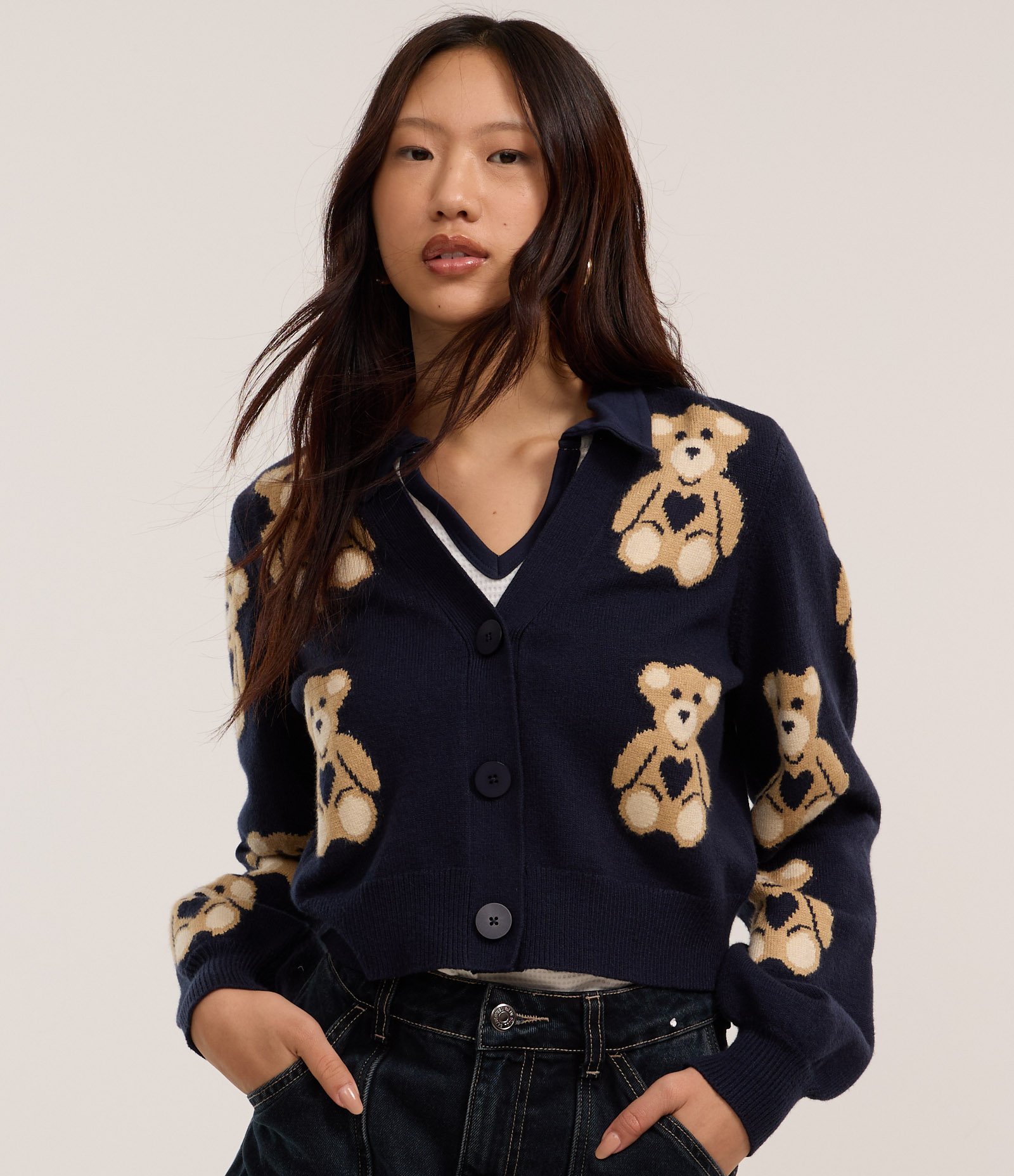 Cardigan Curto em Jacquard com Botões e Ursinhos em Repetição Azul Escuro 3