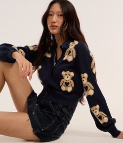 Cardigan Curto em Jacquard com Botões e Ursinhos em Repetição