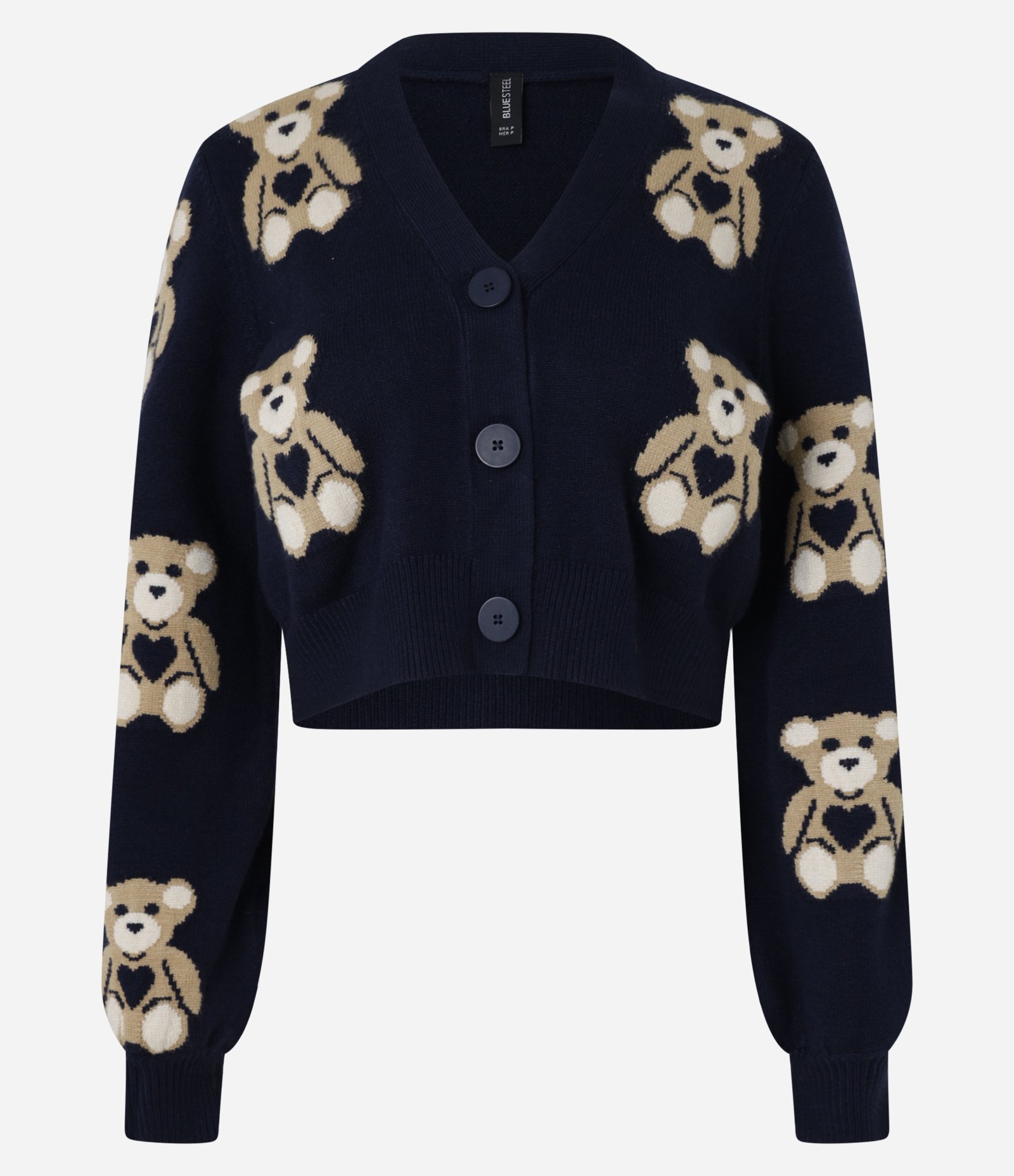 Cardigan Curto em Jacquard com Botões e Ursinhos em Repetição Azul Escuro 5