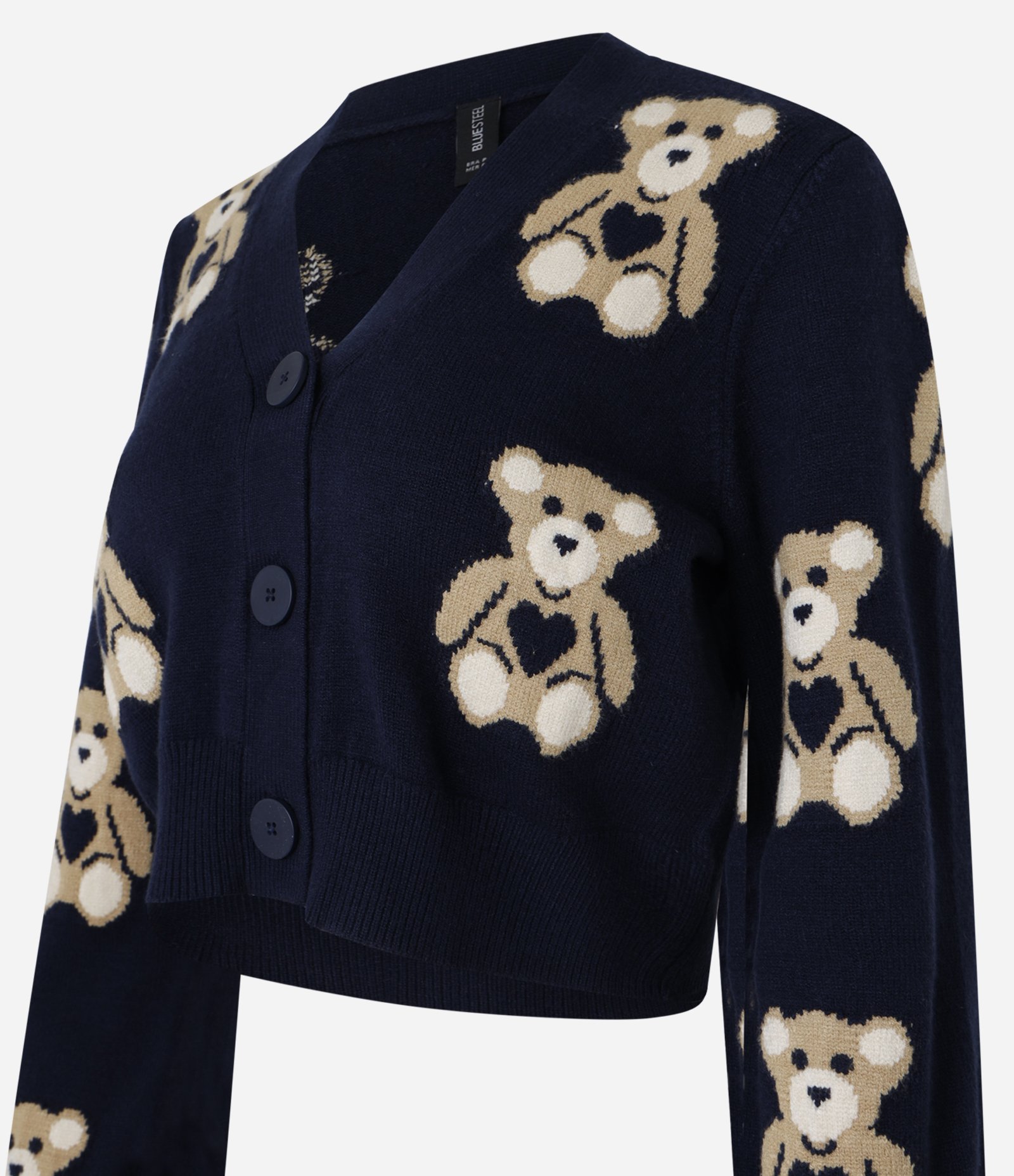 Cardigan Curto em Jacquard com Botões e Ursinhos em Repetição Azul Escuro 7