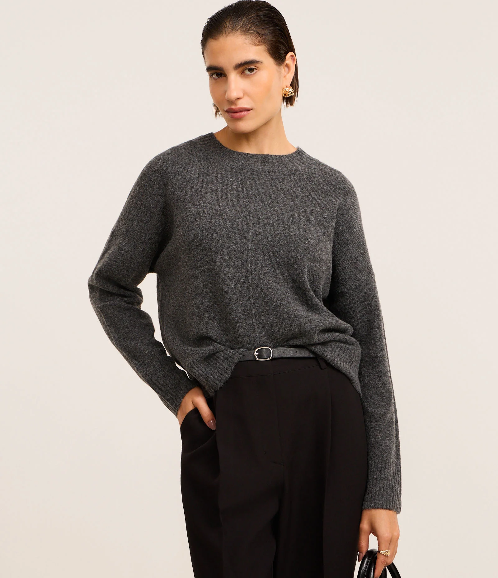 Suéter em Tricô de Fundo Mescla com Friso Cinza 1