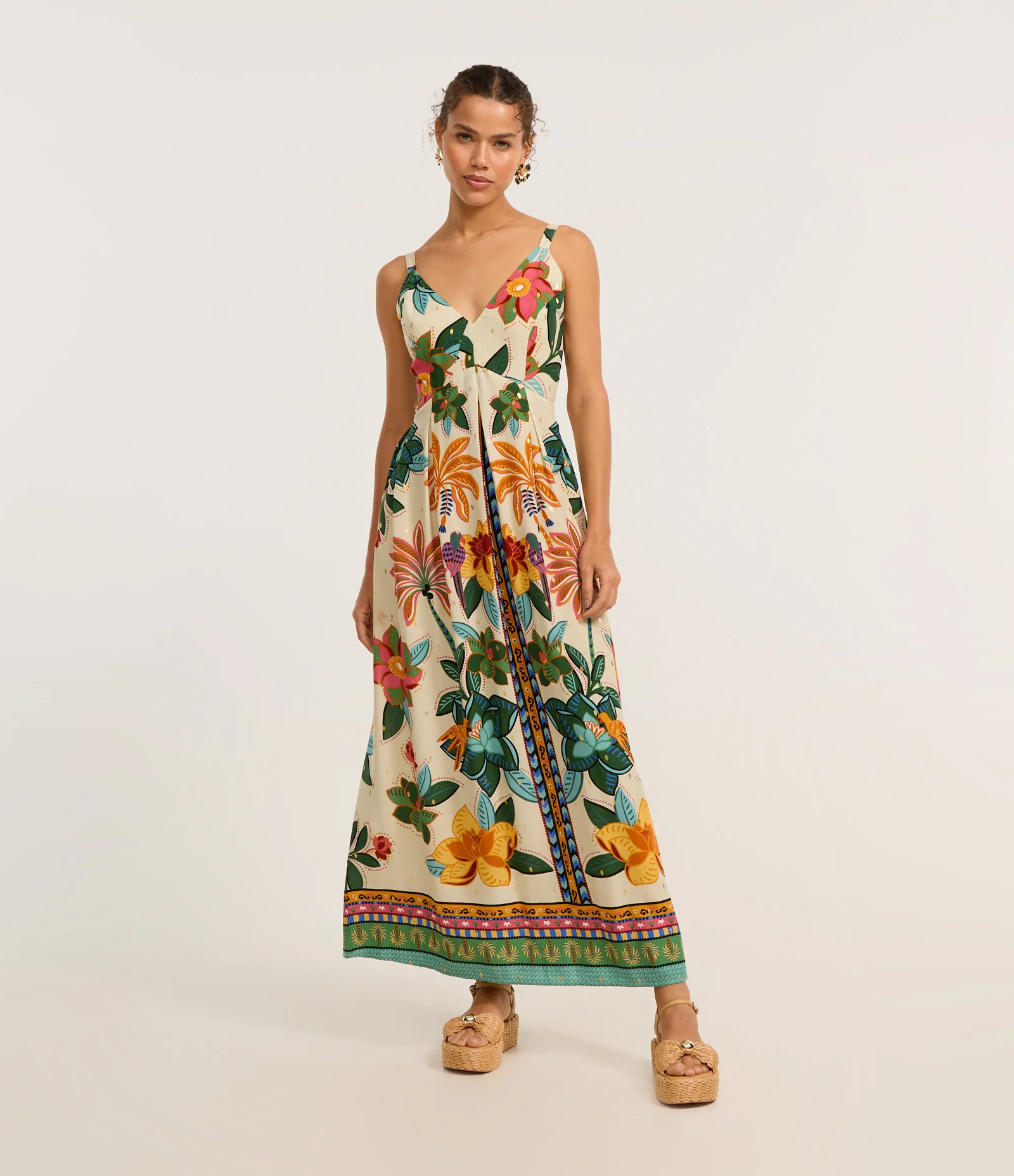 Vestido Evasê Long Midi em Viscose com Estampa Floral Off White 1