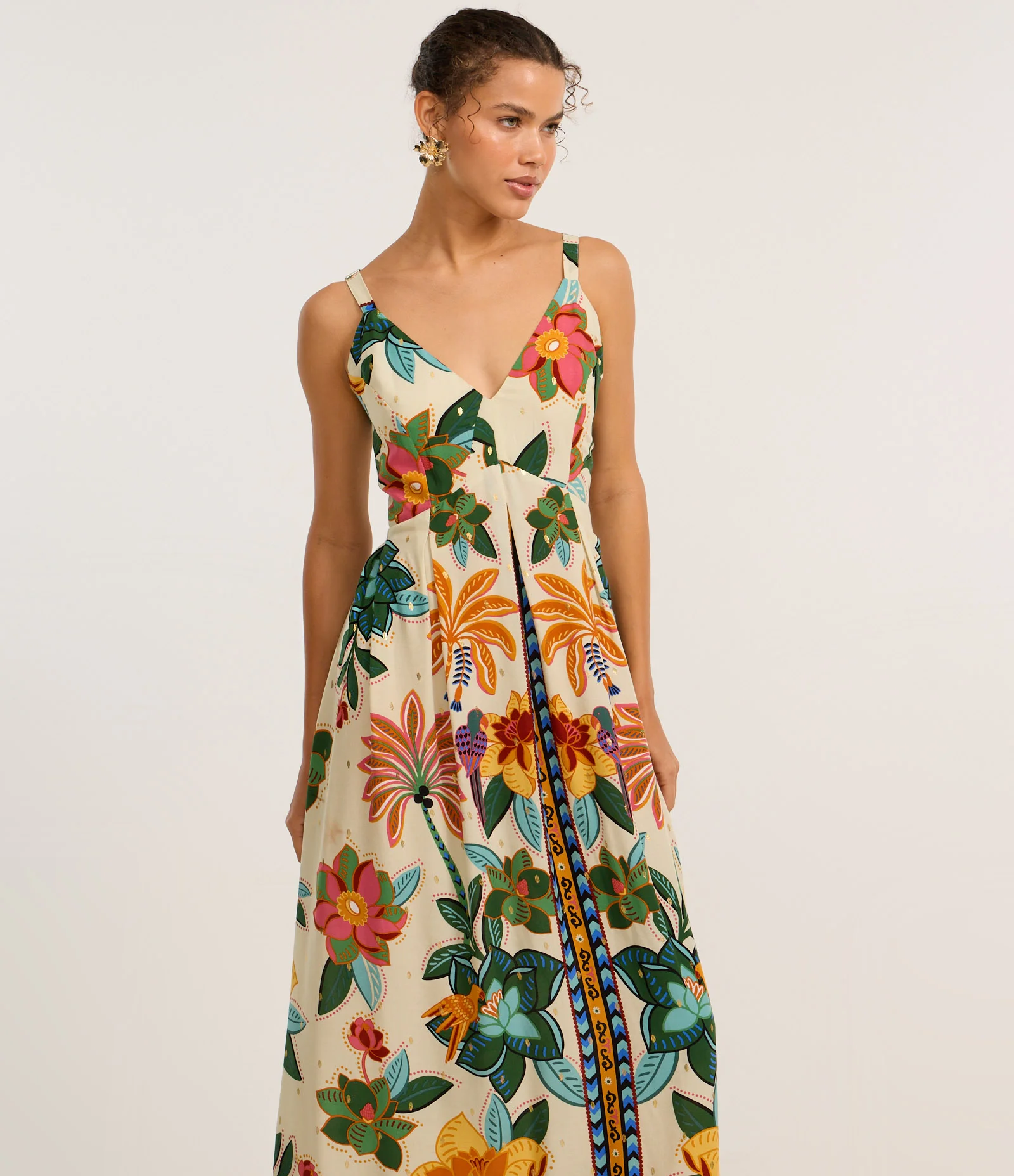 Vestido Evasê Long Midi em Viscose com Estampa Floral Off White 2