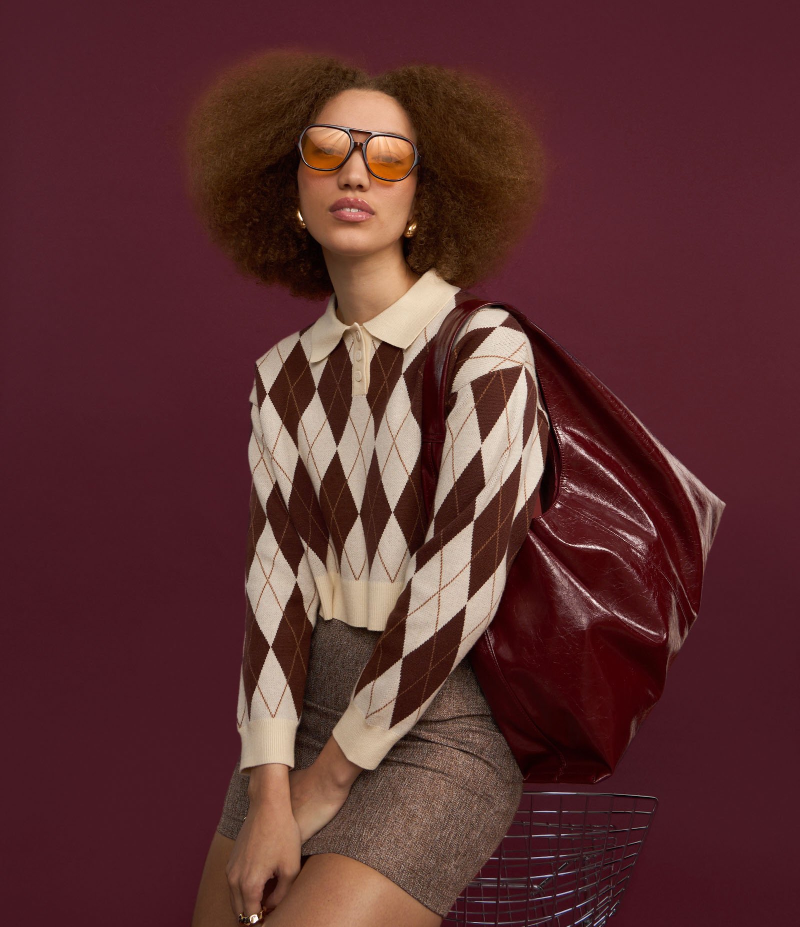 Blusa em Tricô com Botões e Estampa Xadrez Marrom 4