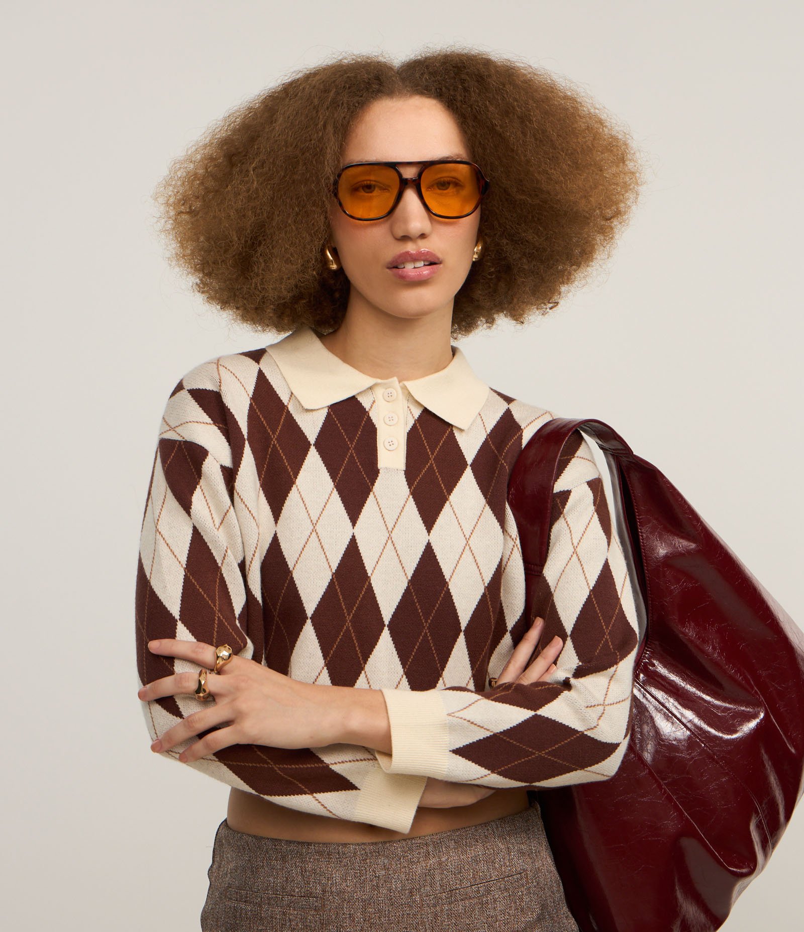 Blusa em Tricô com Botões e Estampa Xadrez Marrom 1
