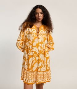 Vestido Manga Bufante em Viscose Twill com Estampa Topical