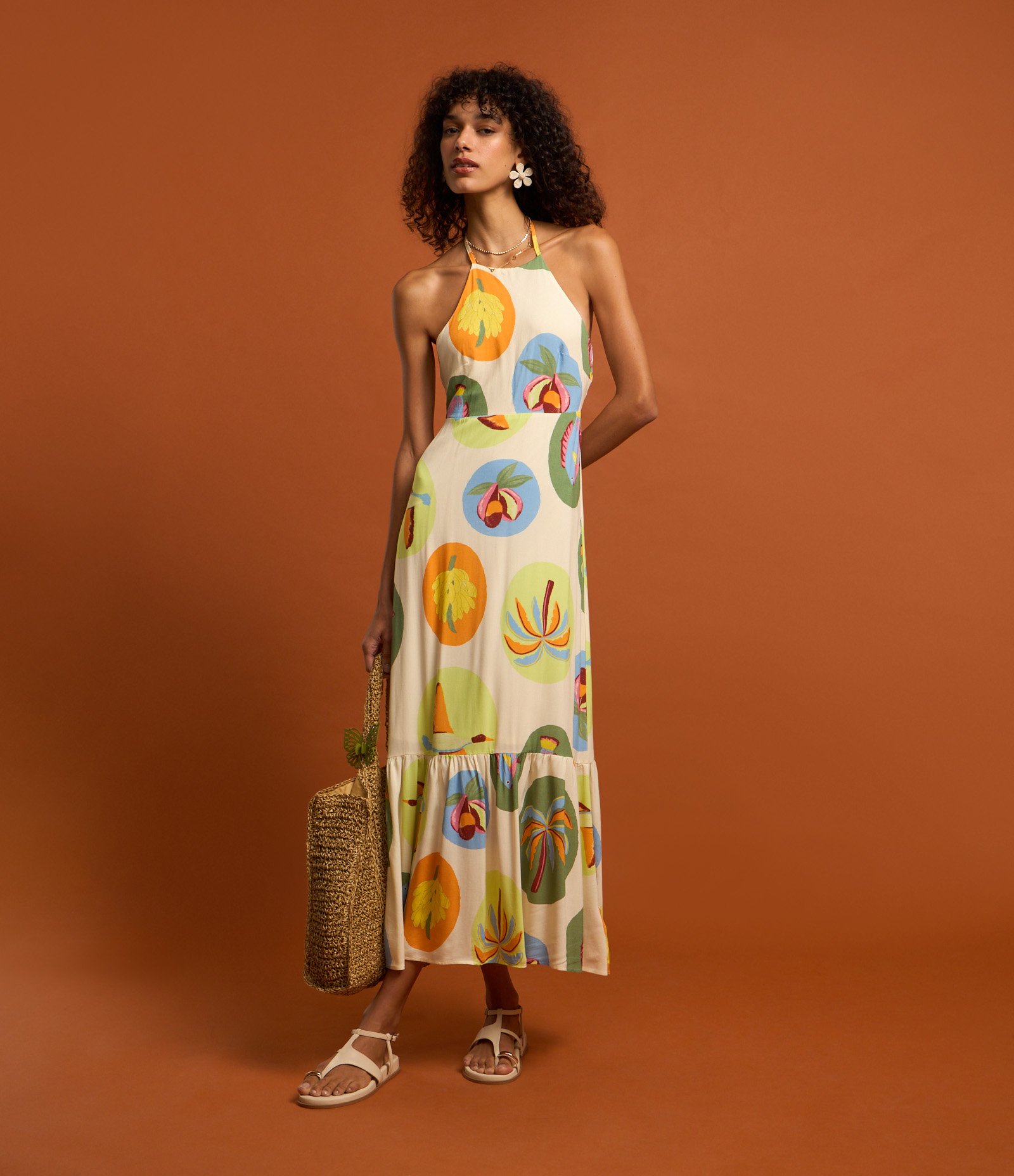 Vestido Long Midi em Viscose com Estampa de Frutinhas Multicores 4