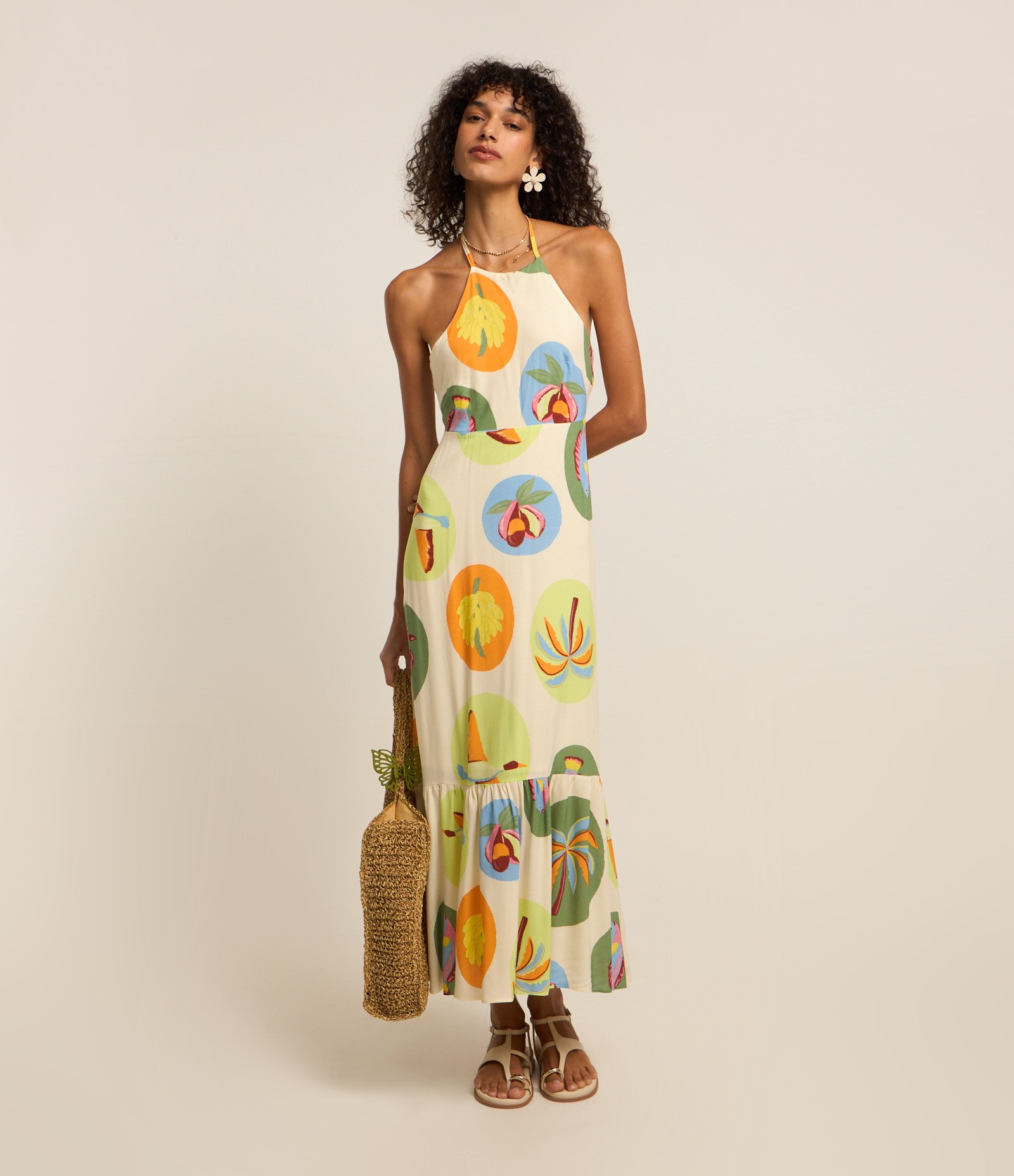 Vestido Long Midi em Viscose com Estampa de Frutinhas Multicores 1