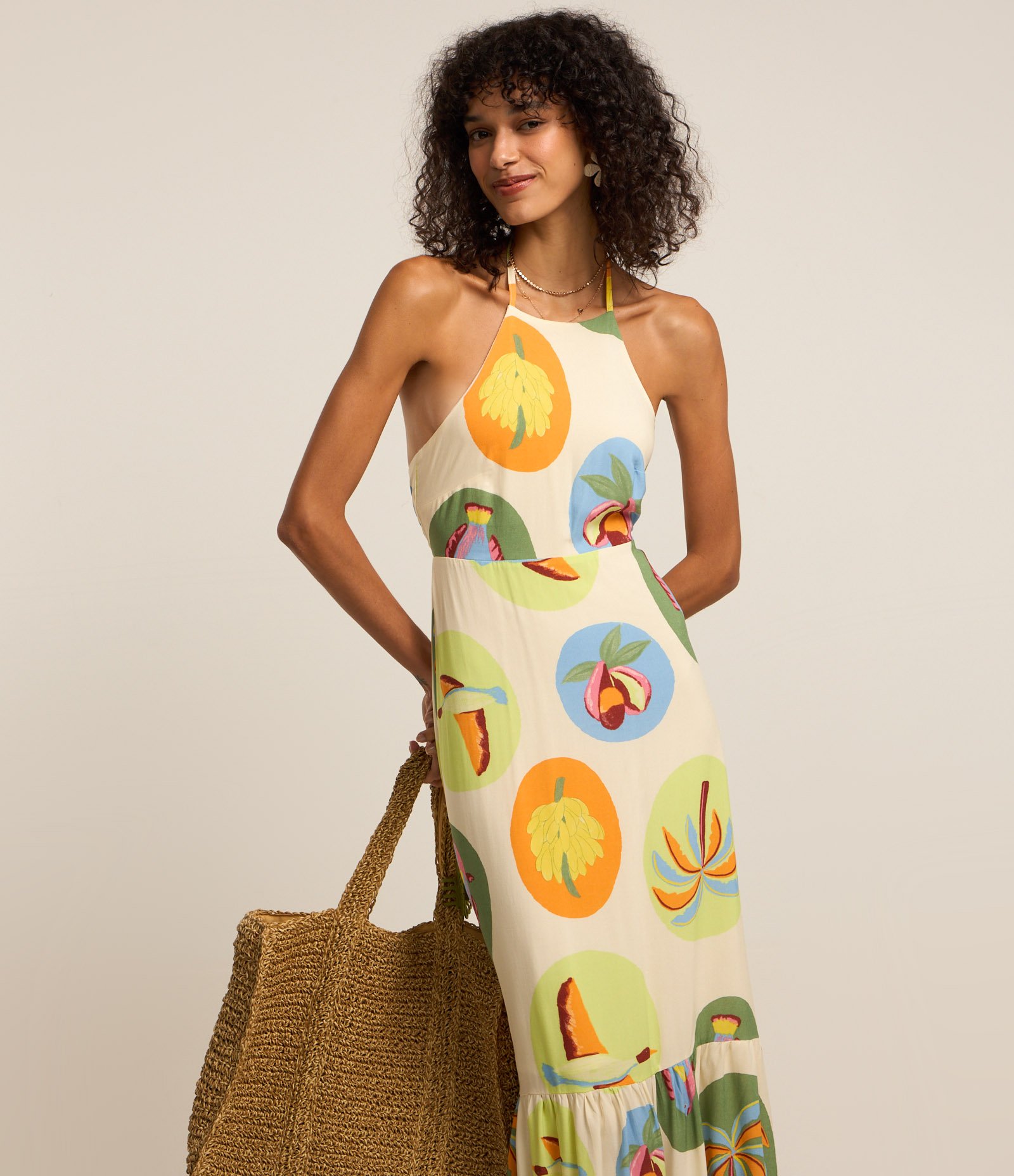 Vestido Long Midi em Viscose com Estampa de Frutinhas Multicores 2